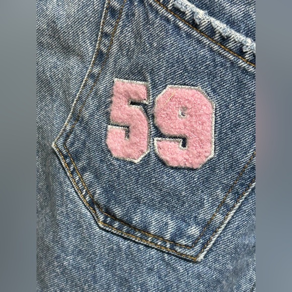 Barbie X Forever21 Rhinestone Distressed Stonewash Denim Mini Skirt Logo Women M - Picture 7 of 11